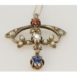 18ct yellow gold and silver Art Nouveau style pendant set with round old cut diamonds, sapphire,
