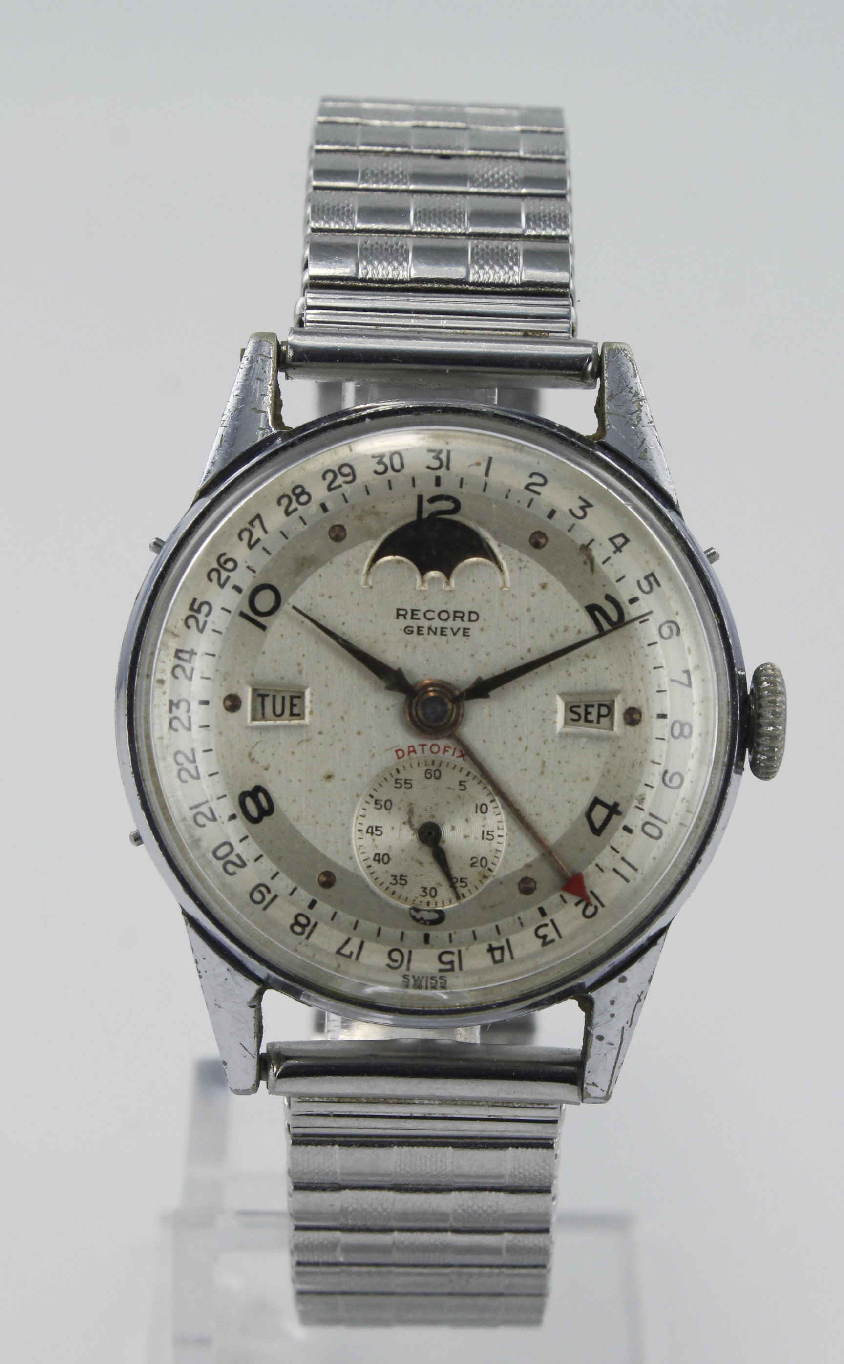 Gents stainless steel cased Record Datofix manual wind wristwatch, case no. 11273, circa 1950s.
