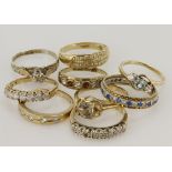 Nine 9ct gold CZ dress rings, finger sizes include K, L, L/M, M, Nx3, P, Q, total weight 17.7g.