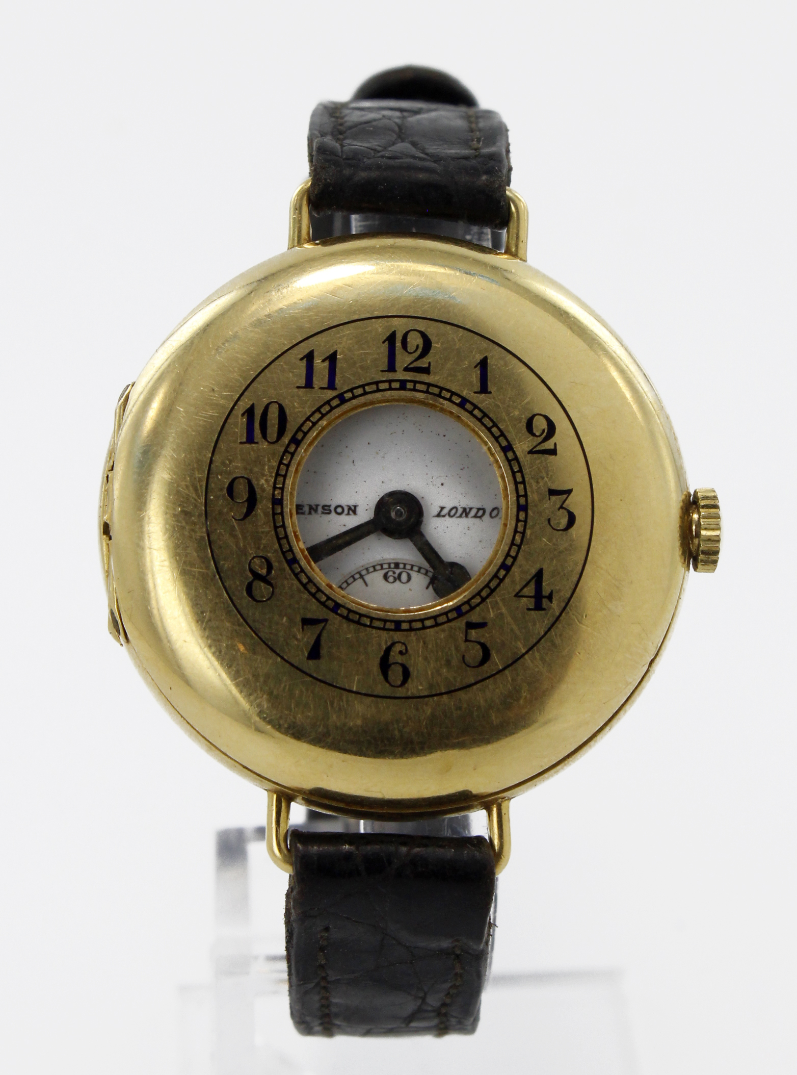 Gents 18ct cased half hunter wristwatch by Benson, hallmarked Birmingham 1937. The white enamel dial