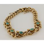 Yellow gold (tests 15ct) antqiue turquoise bracelet, five graduating turquoise cabochons,