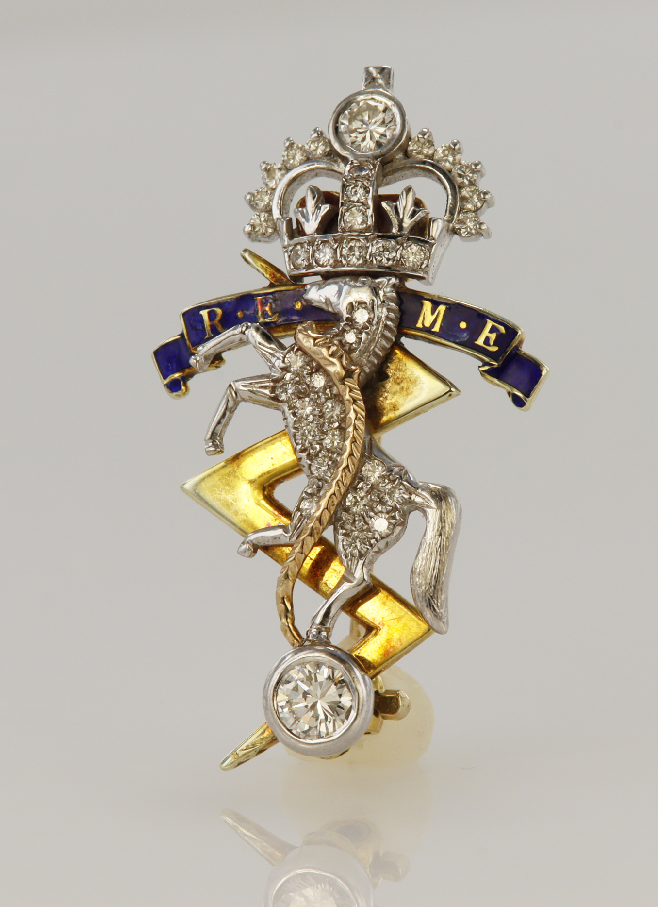 9ct yellow gold 'Royal Electrical & Mechanical Engineers' sweetheart brooch, diamonds highlighted in