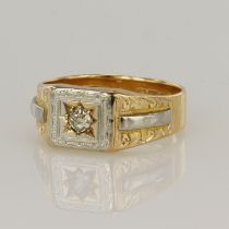 18ct yellow and white gold signet style ring with square head and two colour shoulder design,