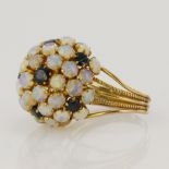 Yellow gold (tests 14ct) sapphire and opal dress ring, head measures 17mm, finger size I/J, weight