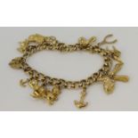 9ct yellow gold charm bracelet with heart padlock clasp, thirteen charms attached, bracelet length