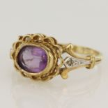 9ct yellow gold diamond and amethyst dress ring, amethyst measures 8 x 6mm, one single cut diamond