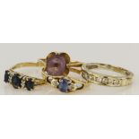 Four 9ct gold rings, stones include diamond, sapphire, amethyst, finger sizes Mx2, N/O, R/S, total