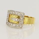 18ct yellow gold diamond buckle ring, diamond set buckle highlighted in white gold, TDW approx. 0.