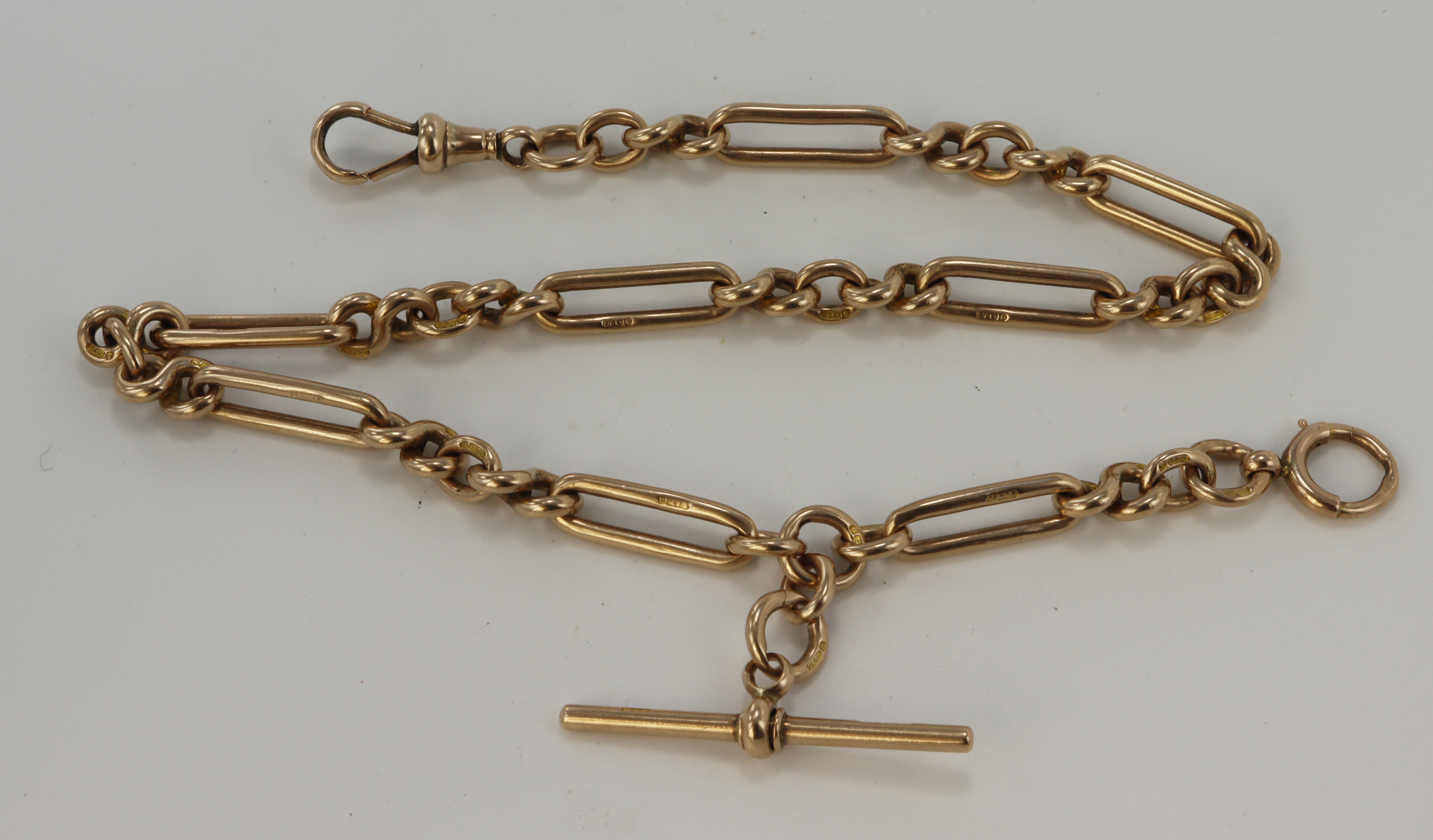9ct "T" bar pocket watch chain (all links stamped). Length approx. 36.5cm, weight 42.7g