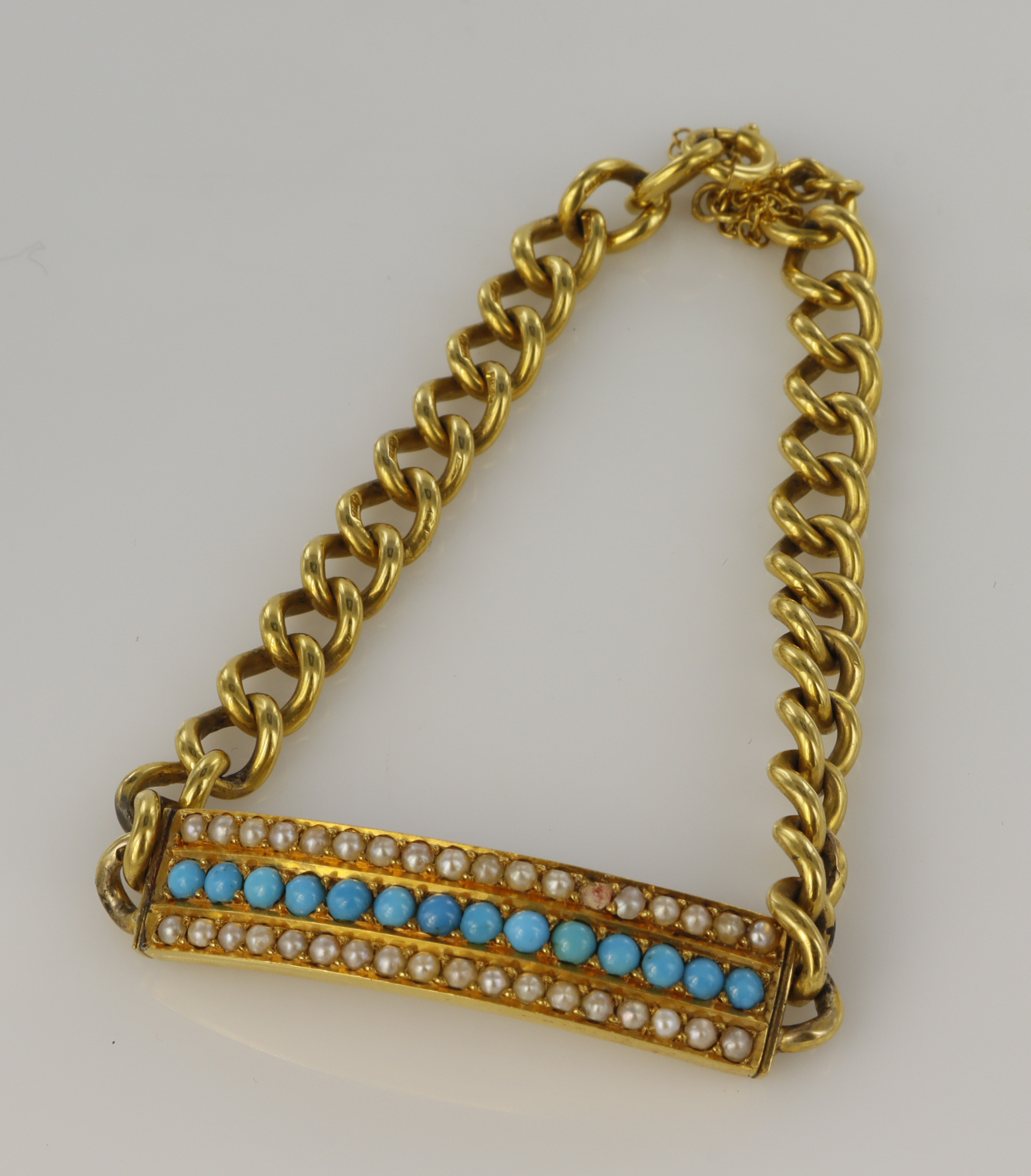 9ct yellow gold vintage turquoise and seed pearl bracelet, turquoise approx 2.4mm each, seed