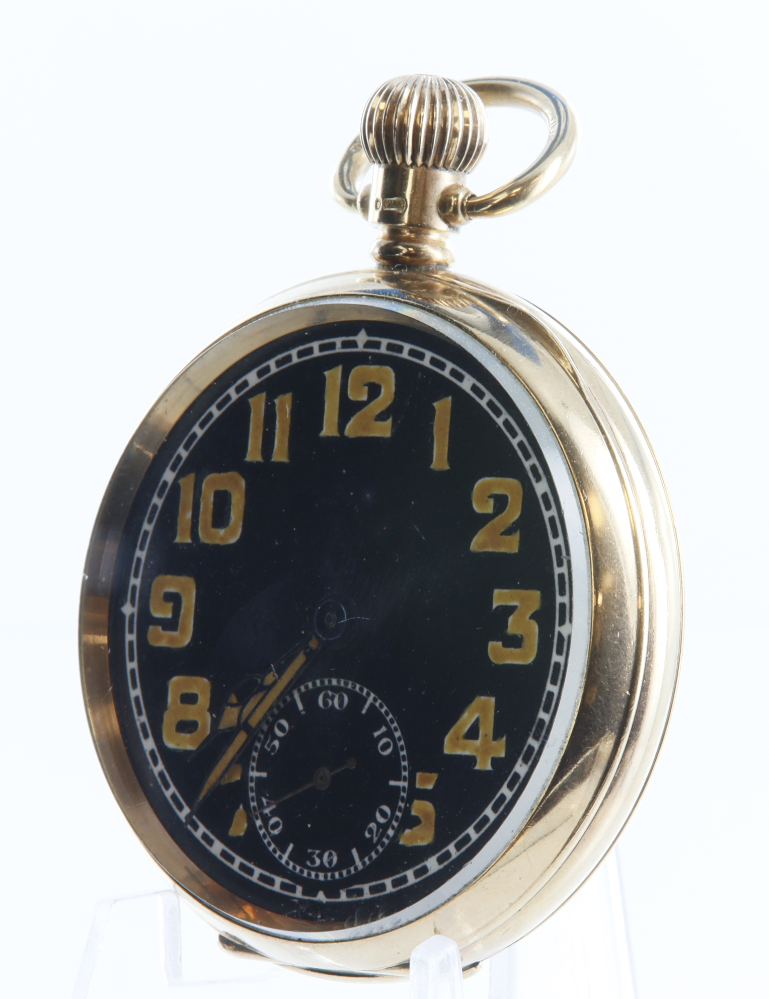 Gents 9ct cased open face stem-wind pocket watch, hallmarked Birmingham 1919. The black dial with