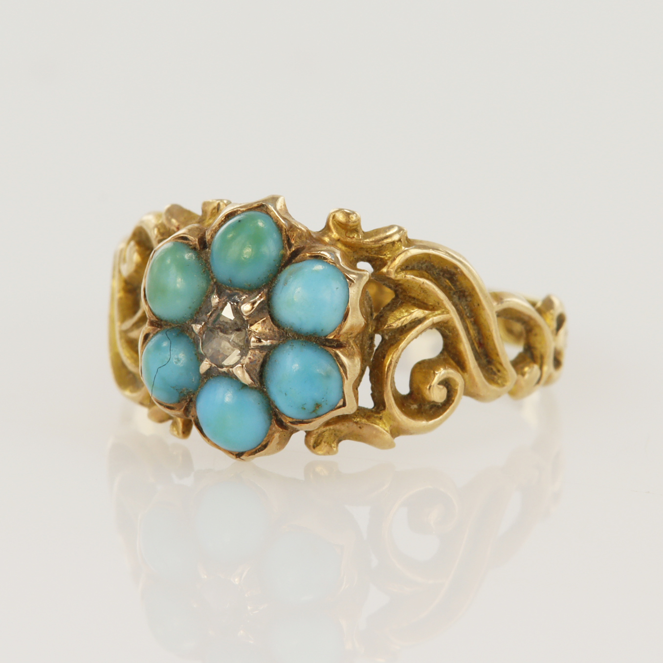 18ct yellow gold Victorian diamond and turquoise mourning ring, pear shaped rose cut diamond