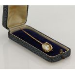 Rose gold (tests 9ct) vintage Mabé pearl stick pin, pearl measures 14 x 9mm, length 68mm, weight 3.