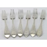 Six matching Danish silver bright-cut, oar- end pattern dessert forks marked for I Holm, Coppenhagen