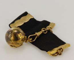 9ct yellow gold Victorian black ribbon pocket watch fob chain, length 5.5", includes a gold on