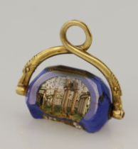 Yellow gold (tests 14ct) vintage Grand Tour micro-mosaic swivel pocket watch fob pendant, three