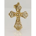 9ct yellow gold filigree fancy cross set with eleven round cz stones, cross measures approx. 5cm x