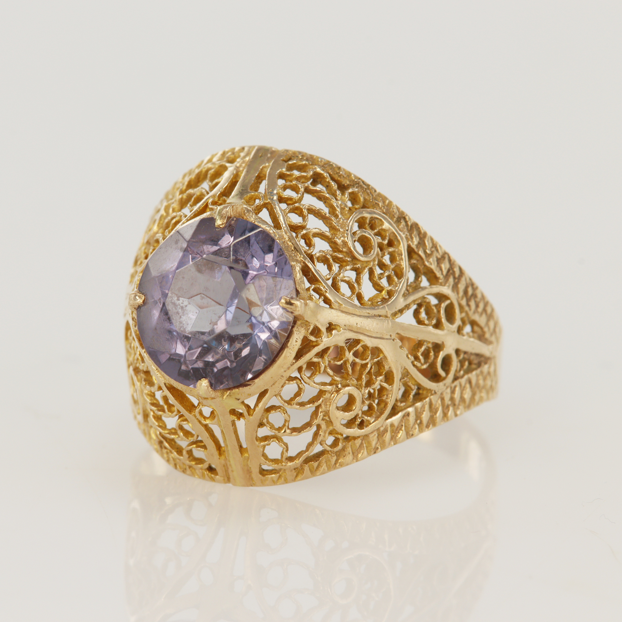 Yellow gold (tests 14ct) vintage filigree paste dress ring, head width 18mm, Russian hallmarks,