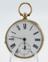 Gents yellow metal (tests 14ct) cased open face key wind pocket watch. The white enamel dial with