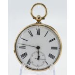 Gents yellow metal (tests 14ct) cased open face key wind pocket watch. The white enamel dial with