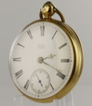 Gents 18ct cased open face key wind pocket watch, worn hallmarks. The white enamel dial signed '