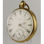 Gents 18ct cased open face key wind pocket watch, worn hallmarks. The white enamel dial signed '