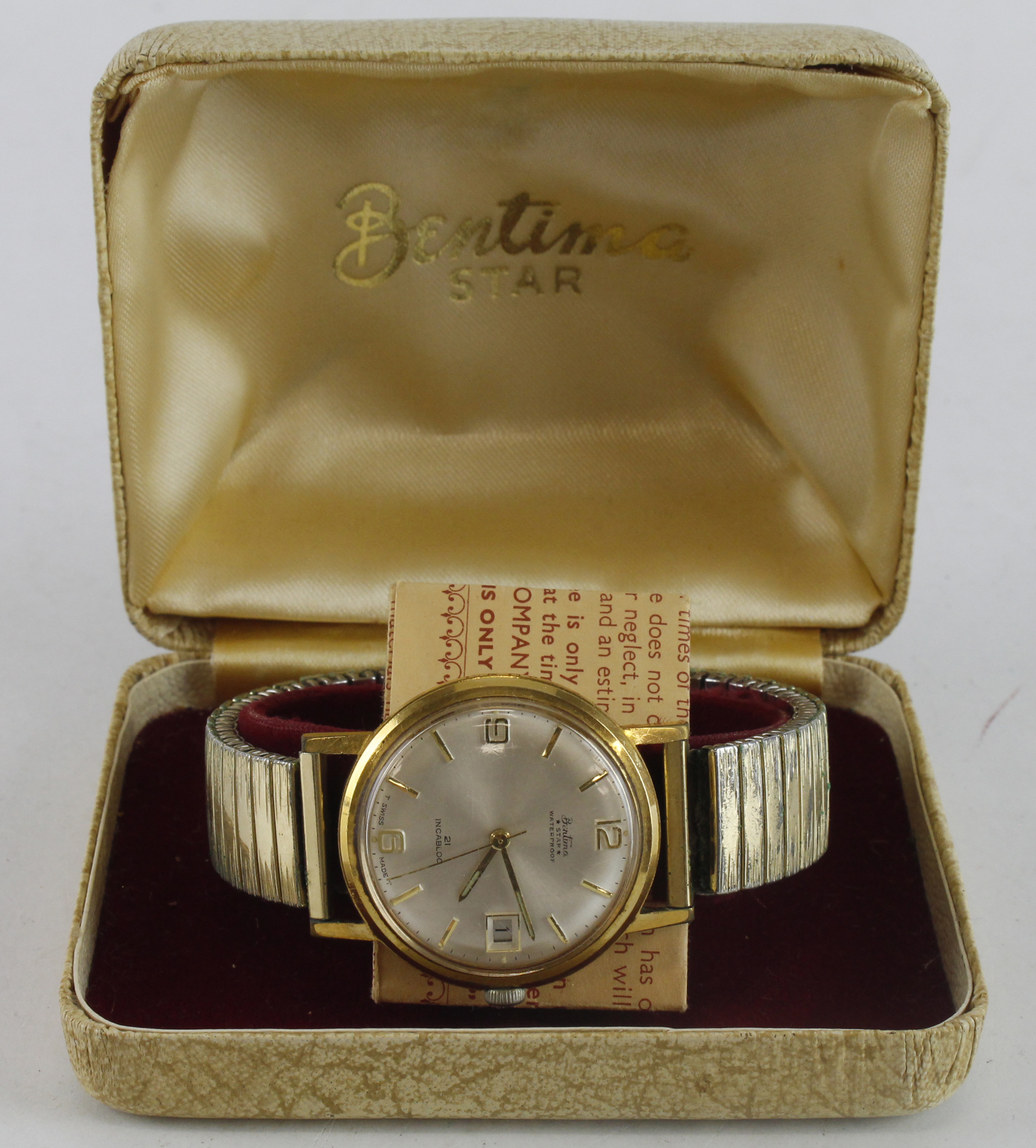 Gents gold plated Bentima Star manual wind wristwatch. The silvered dial with gilt Arabic numerals