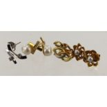 Four pairs of 18ct gold/tests 18ct earrings, stones include diamond, cultured pearl, fresh water