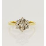 18ct yellow gold diamond daisy cluster ring, seven round brilliant cuts, TDW approx. 0.80ct, head