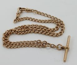 9ct rose gold doublet Albert pocket watch chain, graduated curb links each stamped '9.375', two