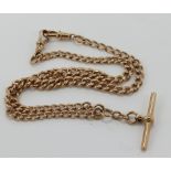 9ct rose gold doublet Albert pocket watch chain, graduated curb links each stamped '9.375', two