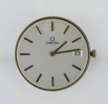 Omega movement and dial assembly. The silvered dial with baton markers, date aperture at 3 o'clock