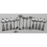 Thirteen Foreign silver souvenir spoons, six unmarked silver and seven marked Sterling 925 -