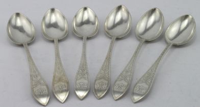 Six Danish silver bright-cut, oar- end pattern dessert spoons marked for I Holm Coppenhagen 1917,