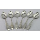 Six Danish silver bright-cut, oar- end pattern dessert spoons marked for I Holm Coppenhagen 1917,