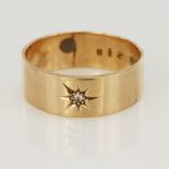 9ct yellow gold antique diamond ring, one single cut diamond in a star setting, band width 7.5mm,