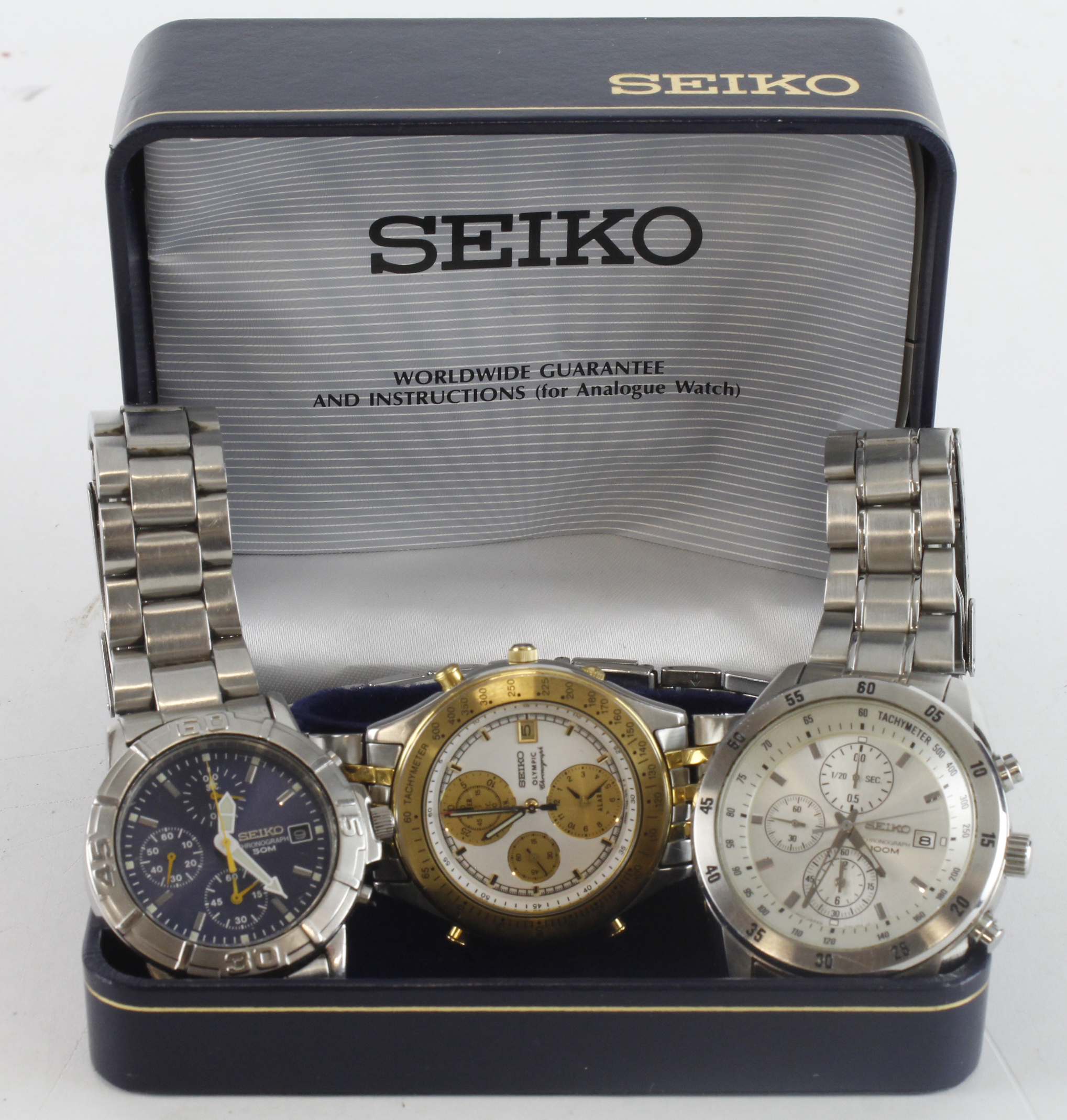 Three Seiko Chronograph quartz wristwatches, all with Seiko bracelets, one complete with box and