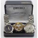 Three Seiko Chronograph quartz wristwatches, all with Seiko bracelets, one complete with box and