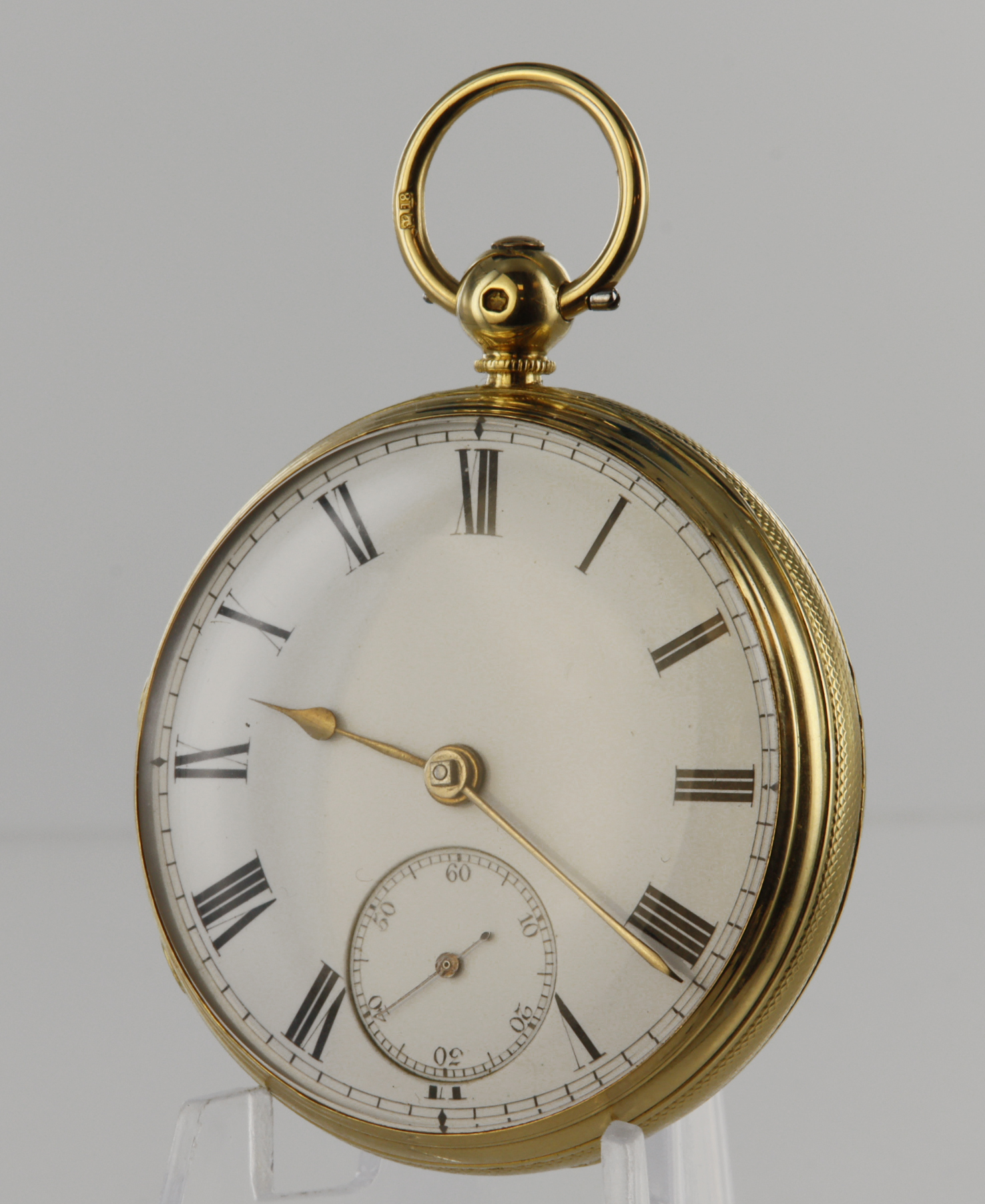 Gents 18ct cased open face key wind pocket watch, hallmarked London 1883. The white enamel dial with