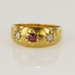 18ct yellow gold antique diamond and synthetic ruby gypsy ring, two old cut diamonds TDW approx. 0.