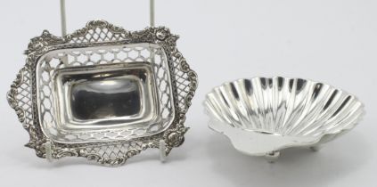 Silver shell-shaped butter dish hallmarked Sheffield 1895 & an ornate Bon-Bon dish hallmarked WC