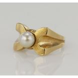 Yellow gold (tests 14ct) cultured pearl dress ring, pearl measures approx. 6mm, head width 10mm,