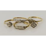 Five yellow gold (tests 18ct) vintage diamond set rings, finger sizes K/L, O, O/P, P, R, total