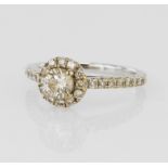 18ct white gold Tolkowsky diamond halo ring, one Tolkowsky cut diamond 0.44ct, colour F, clarity I1,