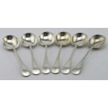 Six Old English pattern silver soup spoons, each has the same engraved armorial on the top of the