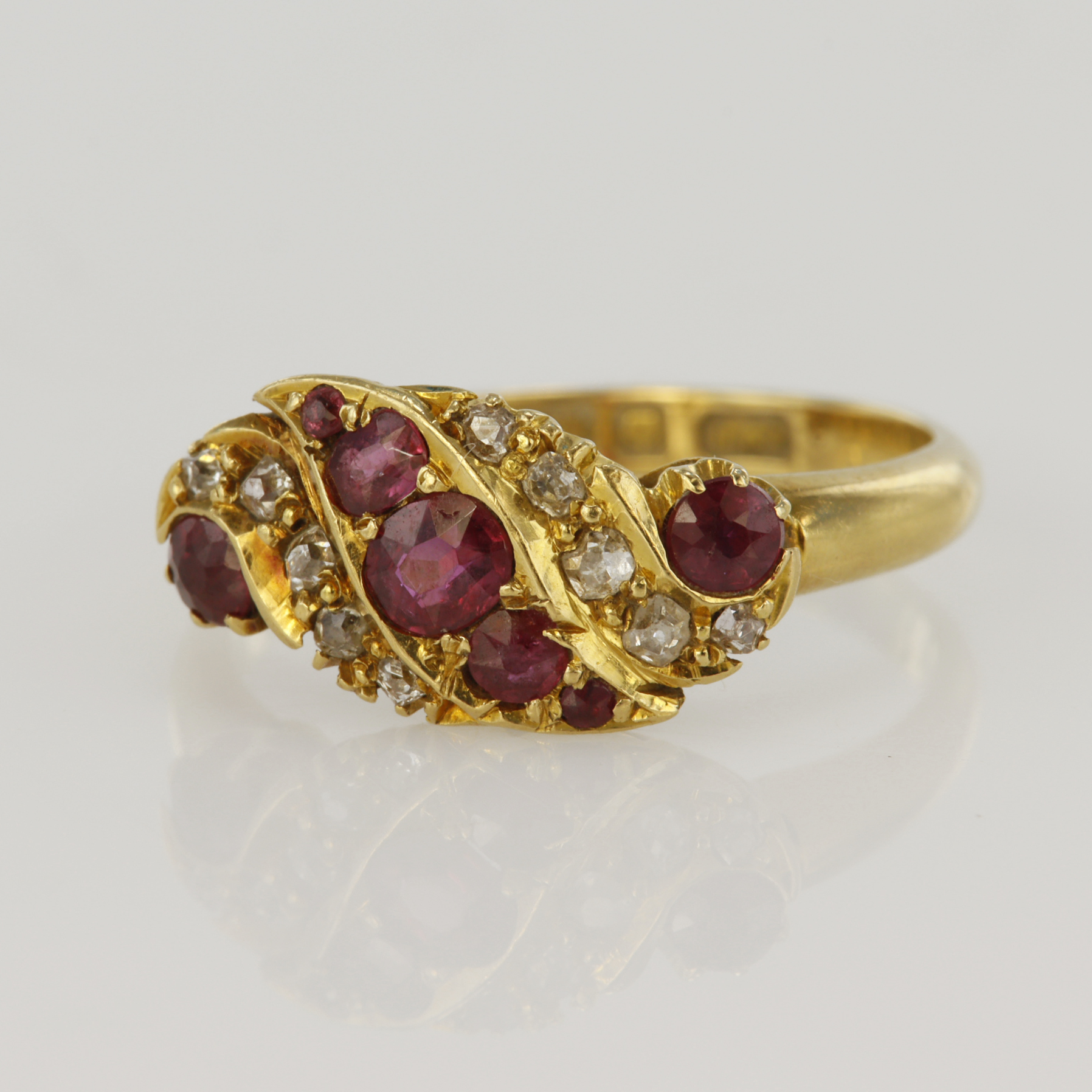 18ct yellow gold Edwardian diamond and ruby ring, seven rubies principle measures 3.5 x 3mm, ten