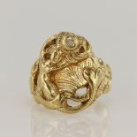 Yellow gold (tests 14ct) mermaid ring, set with one old cut diamond, approx. 0.05ct, head width