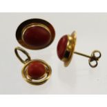 Yellow gold (tests 18ct) coral pendant and earrings, pendant set with one round cabochon coral