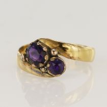 22ct yellow gold amethyst Toi Et Moi ring, two amethysts principle measures 6 x 4mm, hallmarked