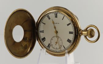 Gold plated half hunter pocket watch by Elgin, with Roman numerals and subsidiary dial, diameter